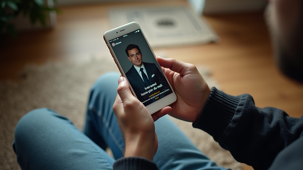 High angle view of a person using a smartphone to share podcast content on social media