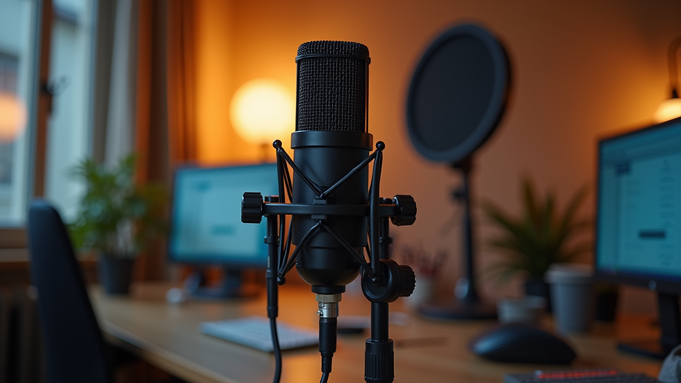 Eye-level view of a microphone setup for podcasting