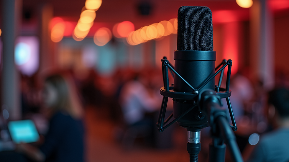 Close-up view of a microphone at a podcasting event