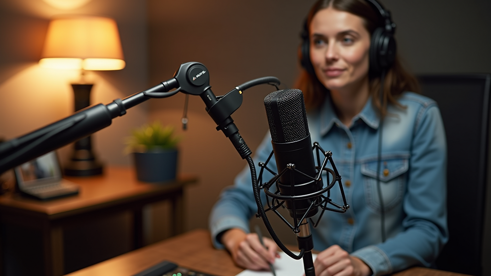 High angle view of a podcast studio setup with a microphone and equipment