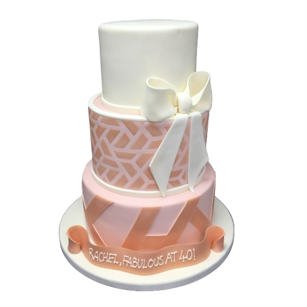 Three-tier celebration cake with sugar paste, pink hues, and a white bow.
