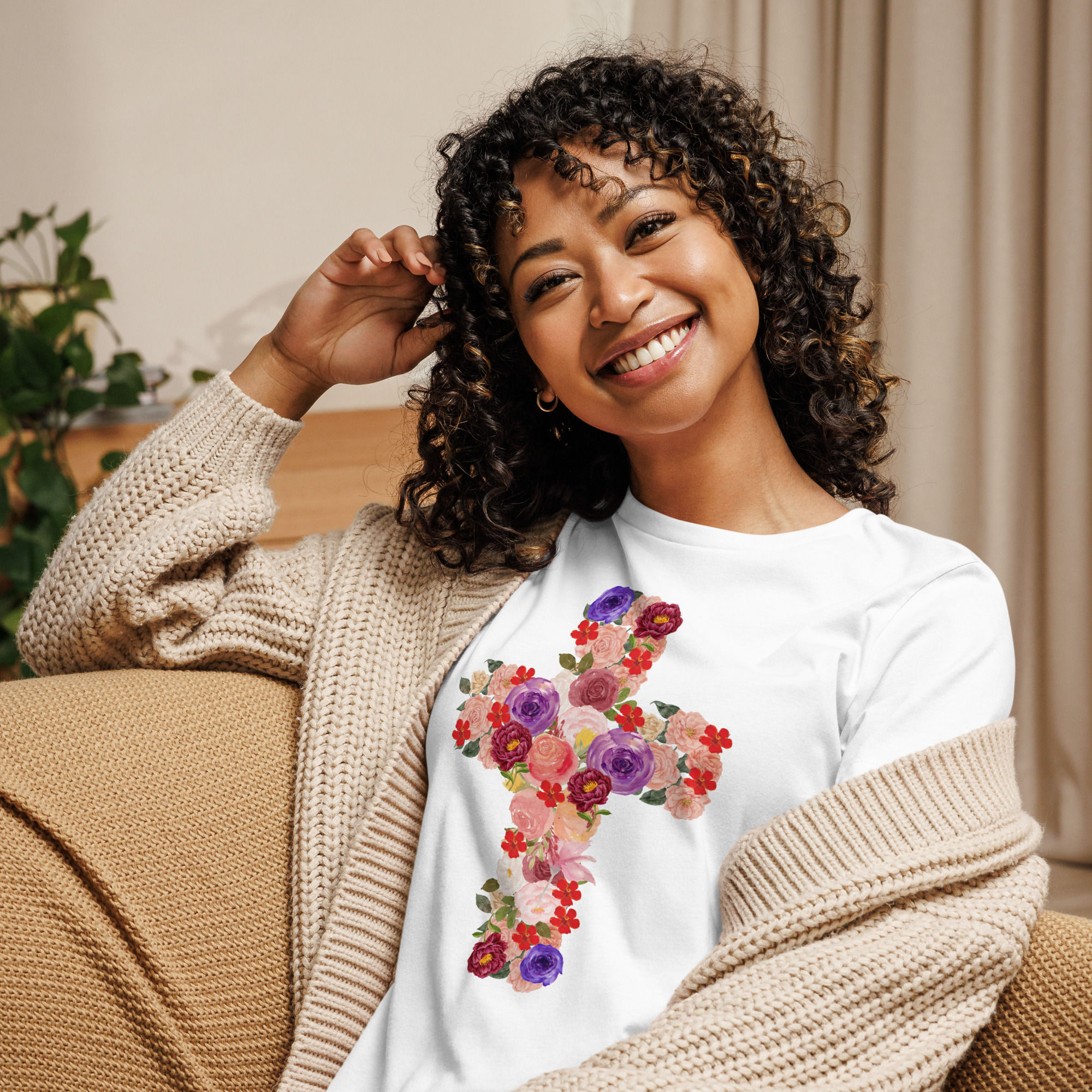 Floral Cross Faith-Based T-Shirt for Women  Relaxed T-Shirt