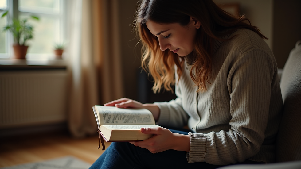 Eye-level view of a woman reading a Bible in a cozy room