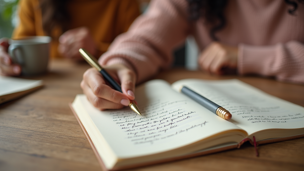 Close-up of a journal with handwritten prayers and a pen resting on a wooden table
