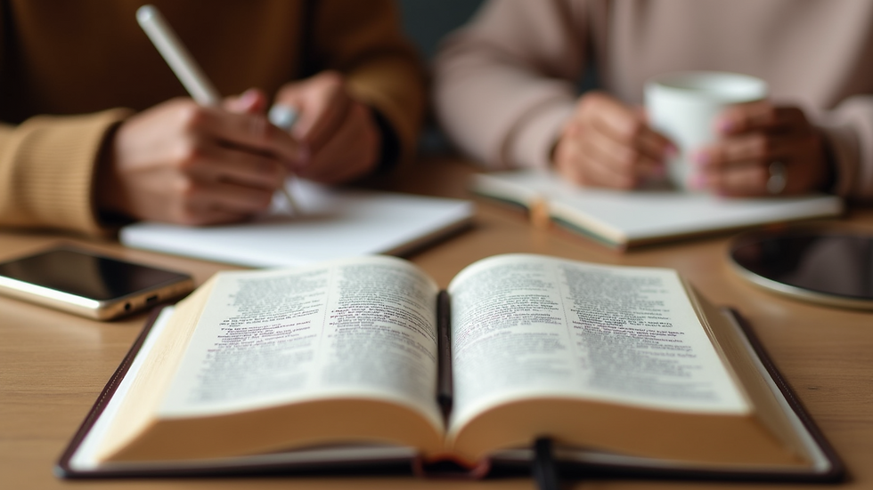 Close-up view of an open Bible with a highlighted verse and a pen on a wooden table