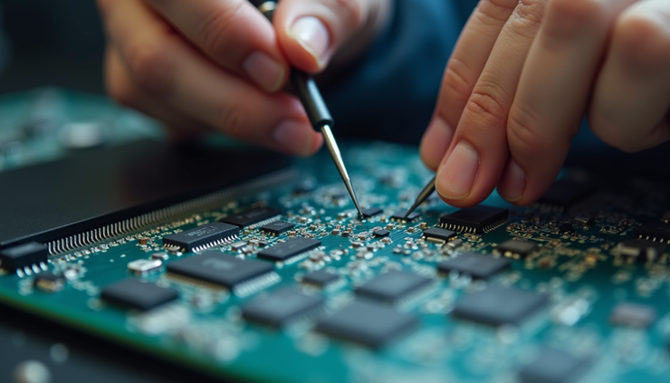 Close-up view of a MacBook logic board being repaired with precision tools
