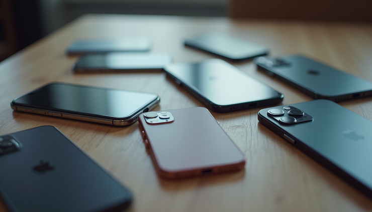 Eye-level view of a lineup of recent iPhone models on a table