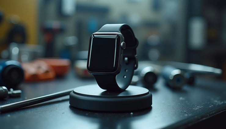 Close-up view of an Apple Watch on a charging dock in a repair shop