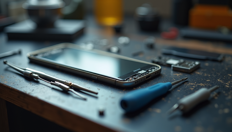 Close-up view of an iPhone screen replacement part on a workbench