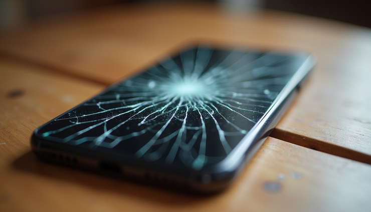 Close-up view of an iPhone with a cracked screen on a wooden table in Johannesburg