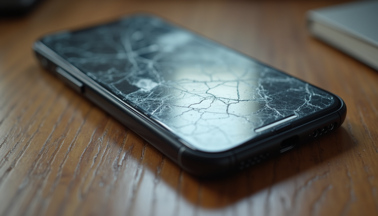 Close-up view of a cracked iPhone screen on a wooden table