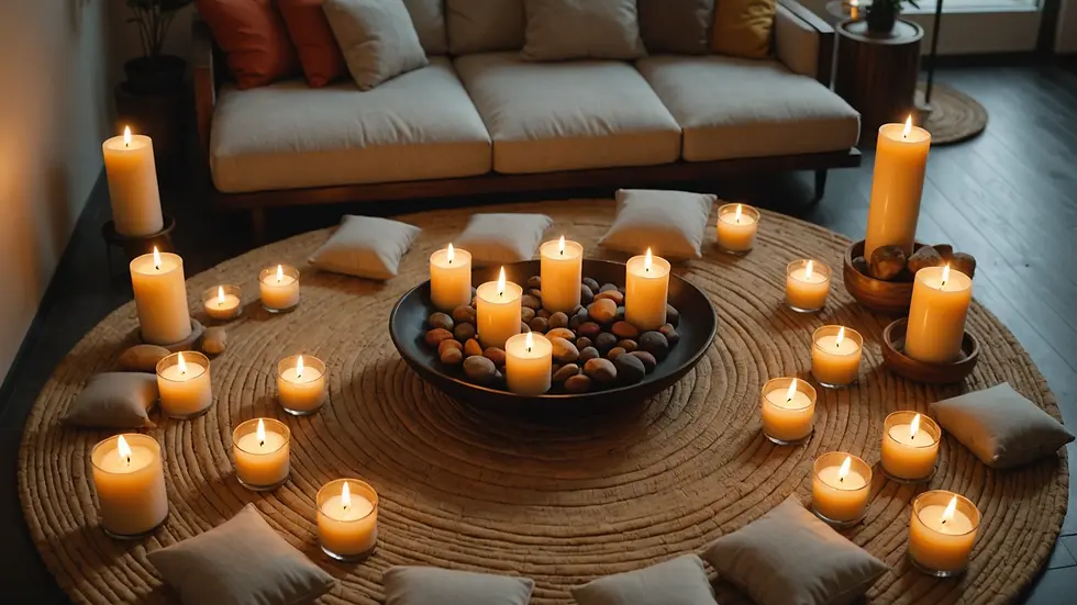 High angle view of a serene space designed for meditation with candles and cushions