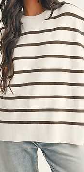 Stripe Side Slits Crewneck Top