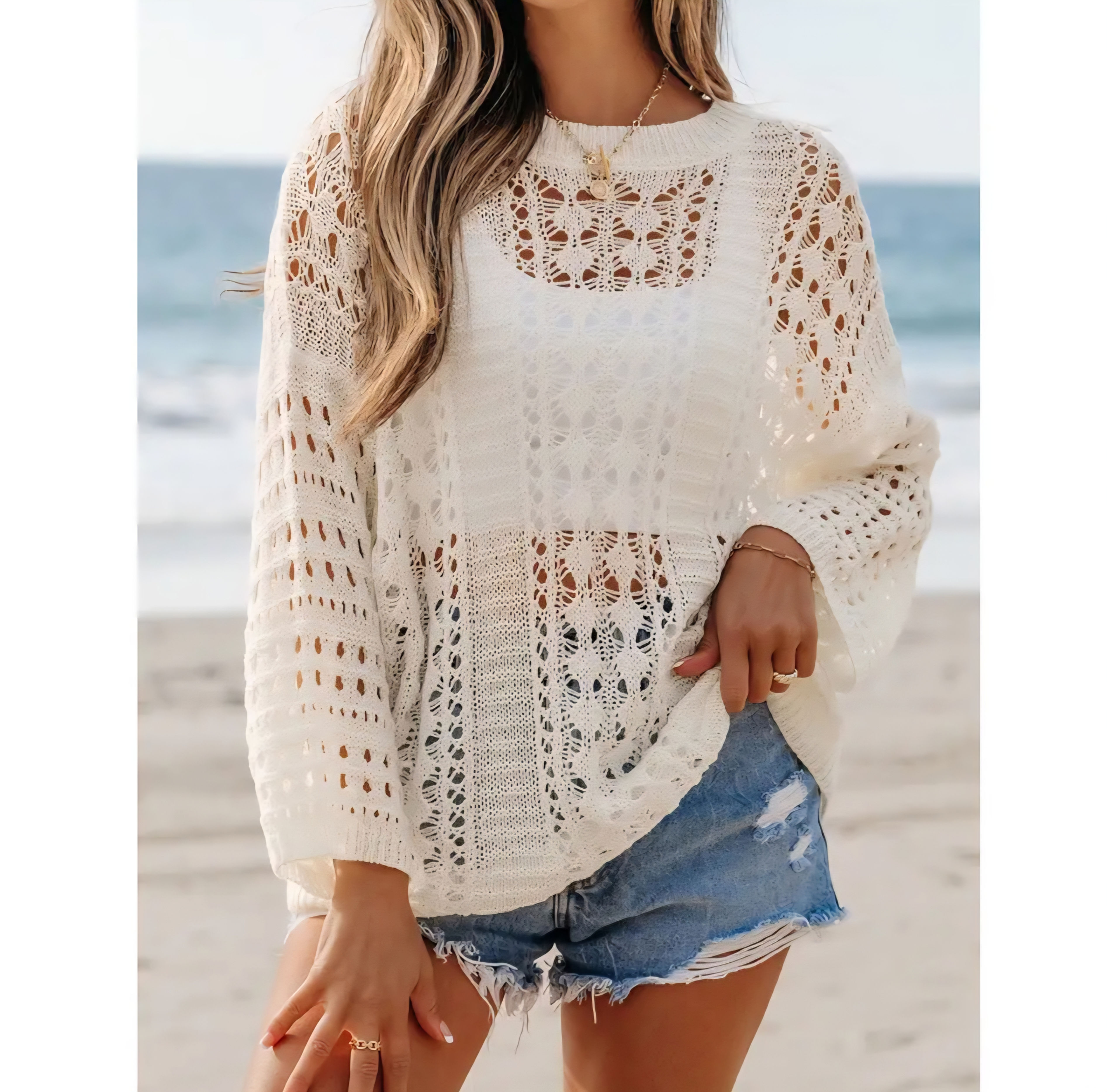 Hollow Out Knit Bracelet Sleeve Drop Shoulder Top