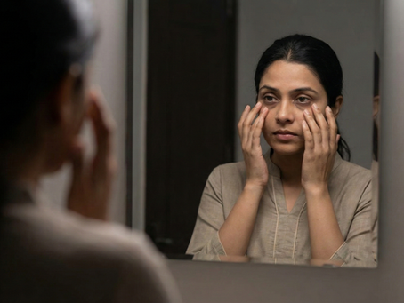 Indian working woman looking in a mirror checking dark circles and under-eye hollows, illustrating the need for professional dermatological treatment