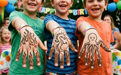 3 young boys at a birthday party in Phoenix, Arizona, showing their festival style henna designs tailored to boys. the henna designs are of a dragon, a flame design and an octopus.