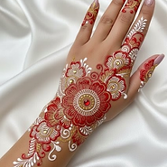 red body ink, temporary tattoo, traditional Mehndi design on hand with colored henna cones
