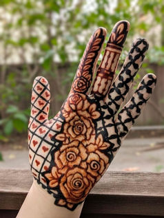 Detailed, intricate henna design on the palm of the hand with roses, hearts and lace patterns for a private session in Gilbert, Arizona.