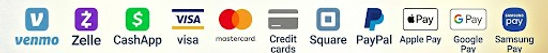 Accepted payments: visa, mastercard, credit cards, cashapp, venmo, square, apple pay, google pay, pay pal, zelle.