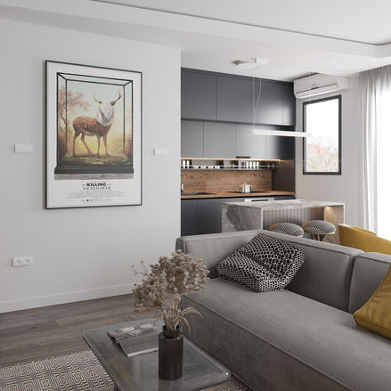 Open-space living area with integrated kitchen and dining space