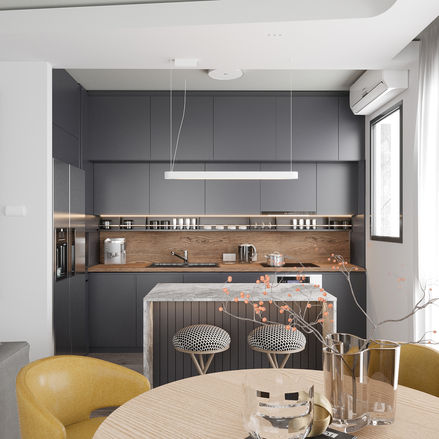Sleek black kitchen with a dining table