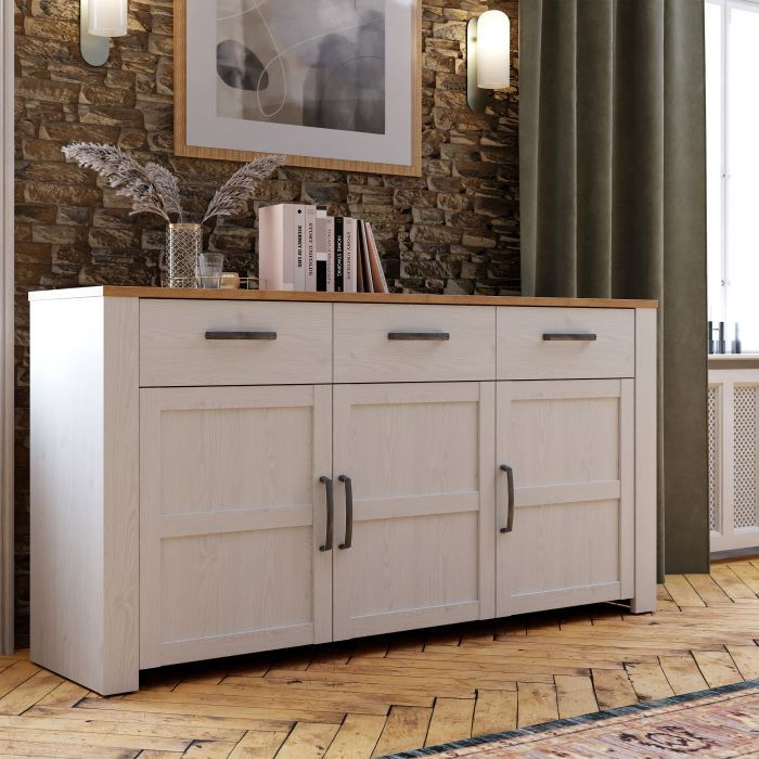 Bohol 3 Door 3 Drawer Sideboard in Riviera Oak/White r