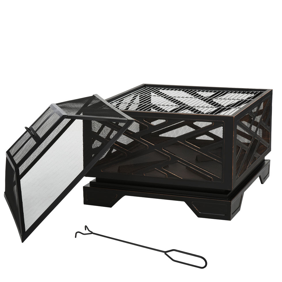 66cm 2 in 1 Square Fire Pit Metal Brazier for Garden, Patio with BBQ Grill Shel