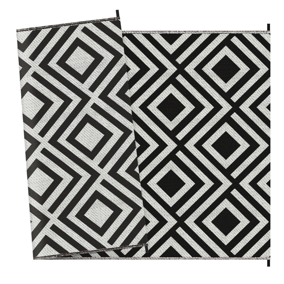 Reversible Outdoor Mat, Plastic Straw Rug with Carry Bag & Ground Stakes, Black