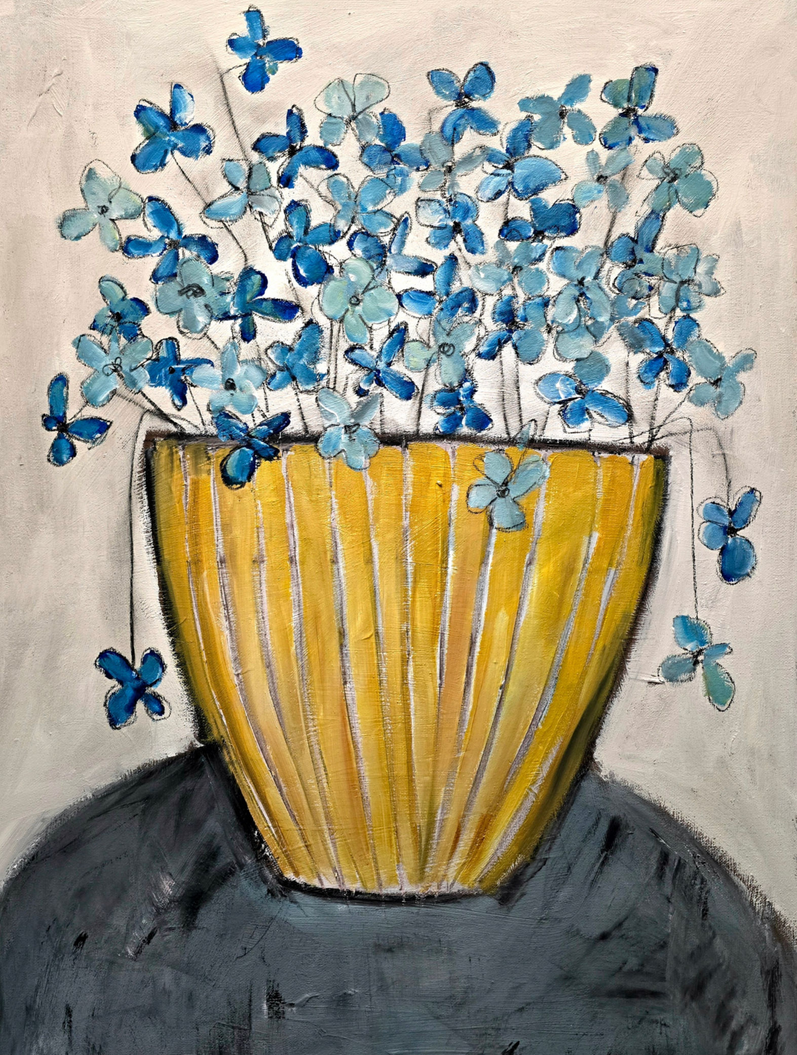 impressionist painting fun ditsy blue flowers yellow bowl