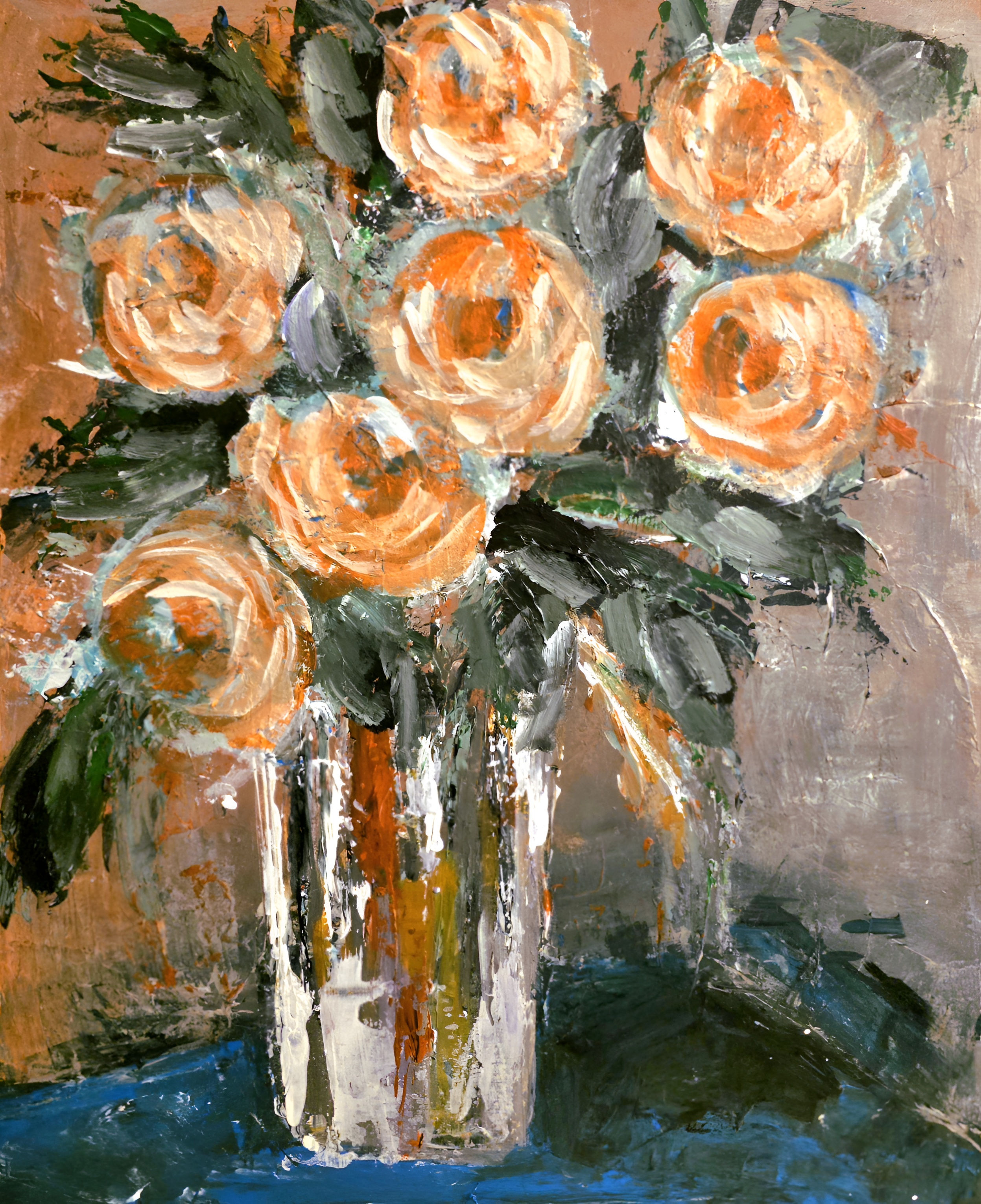 impressionist art orange apricot flowers vase blue table
