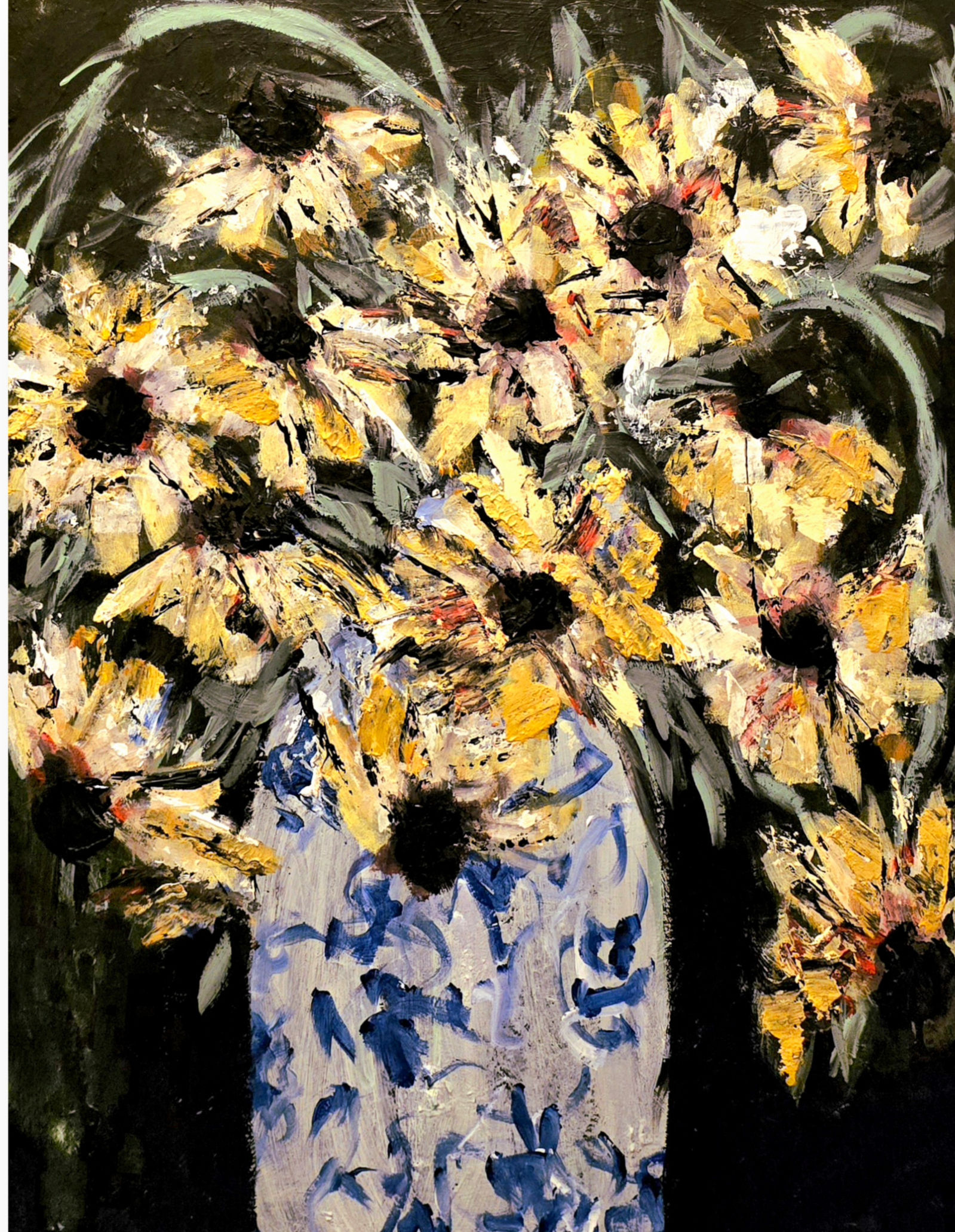 impressionist painting yellow flowers blue white vase dark background