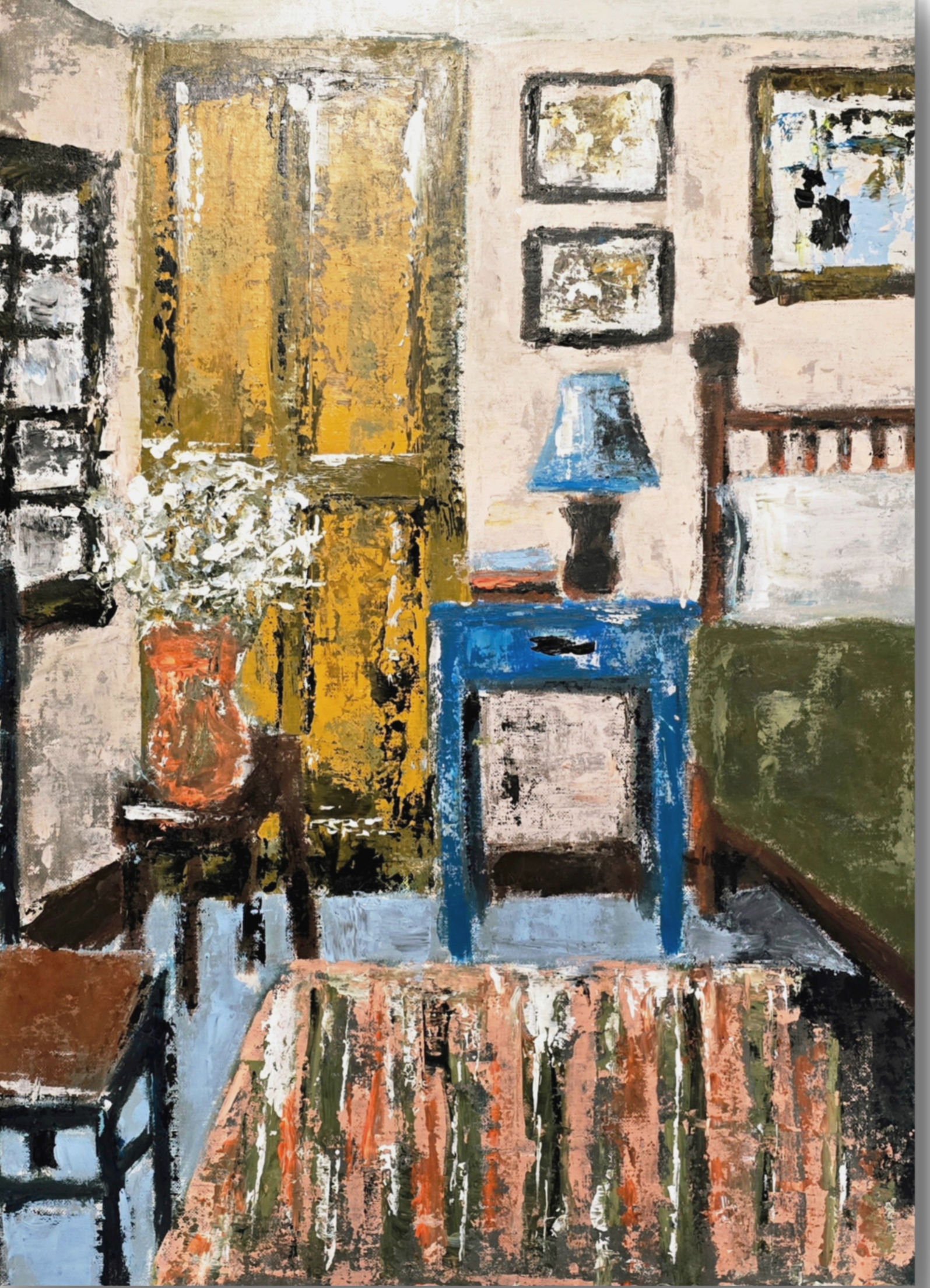 impressionist bedroom colourful bed rug table