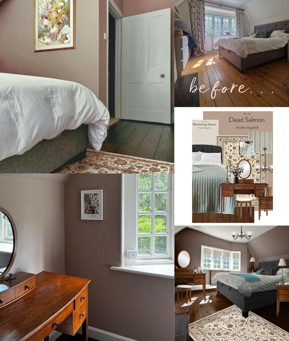 Bedroom makeover, before, mood board, colour insert, after