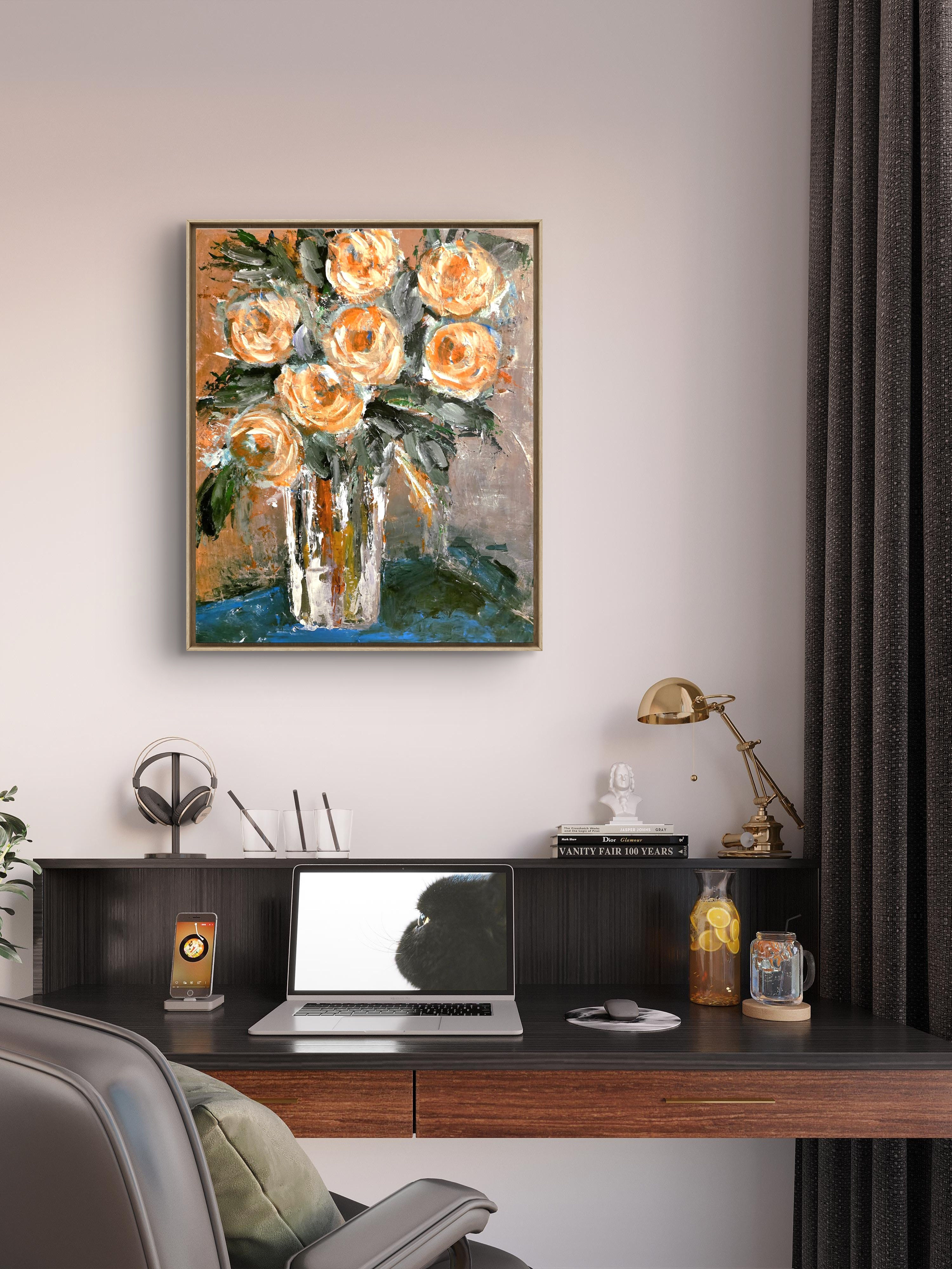 impressionist art orange apricot flowers vase blue table