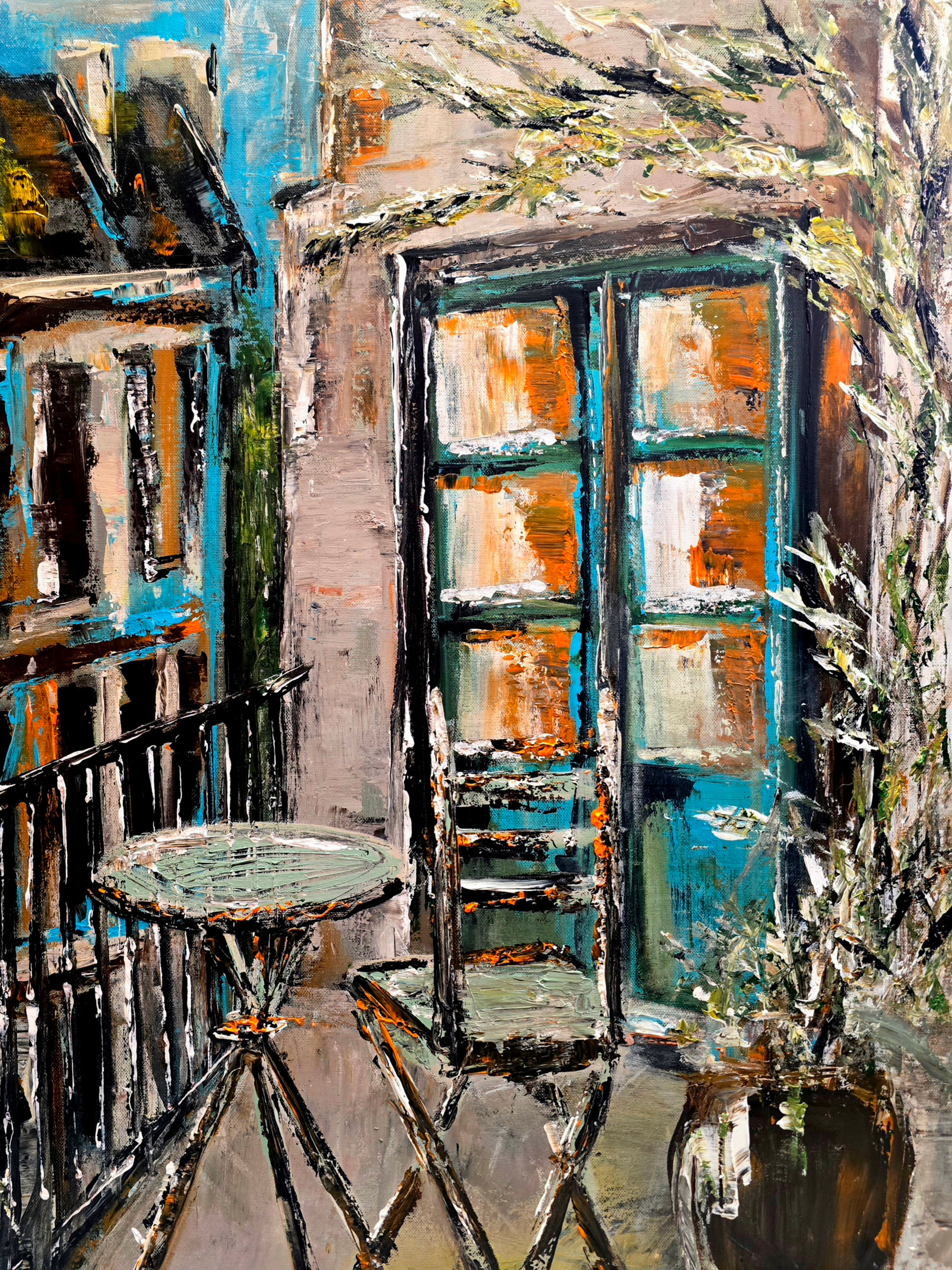 PARIS BALCONY BISTRO TABLE CHAIR BLUE ORANGE ARTWORK