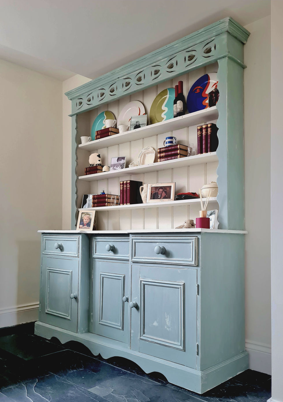 large hand painted welsh dresser in blue and white