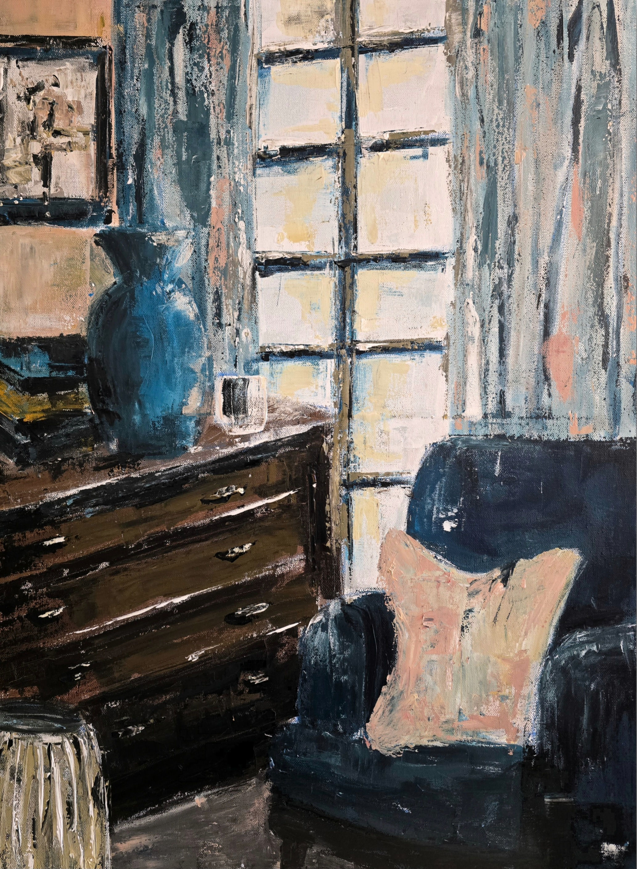 impressionist room setting dresser comfy chair french window blues