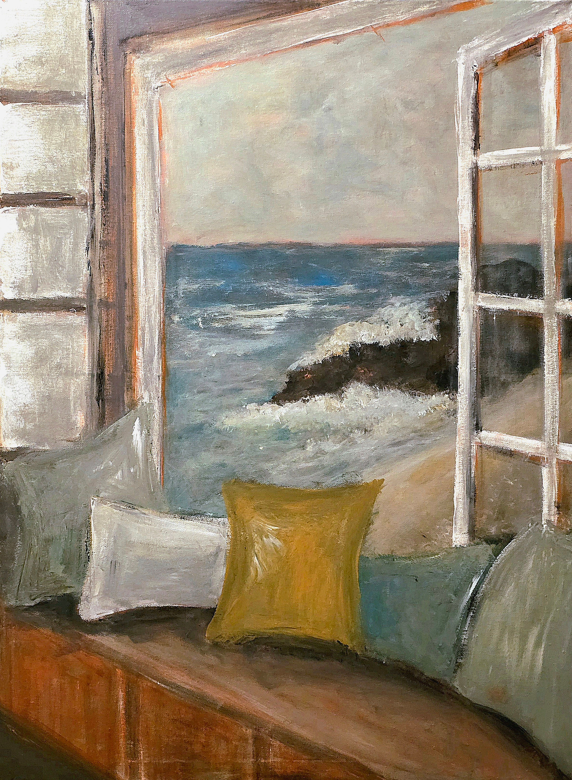 wood cabin beach bench window sea crashing rocks