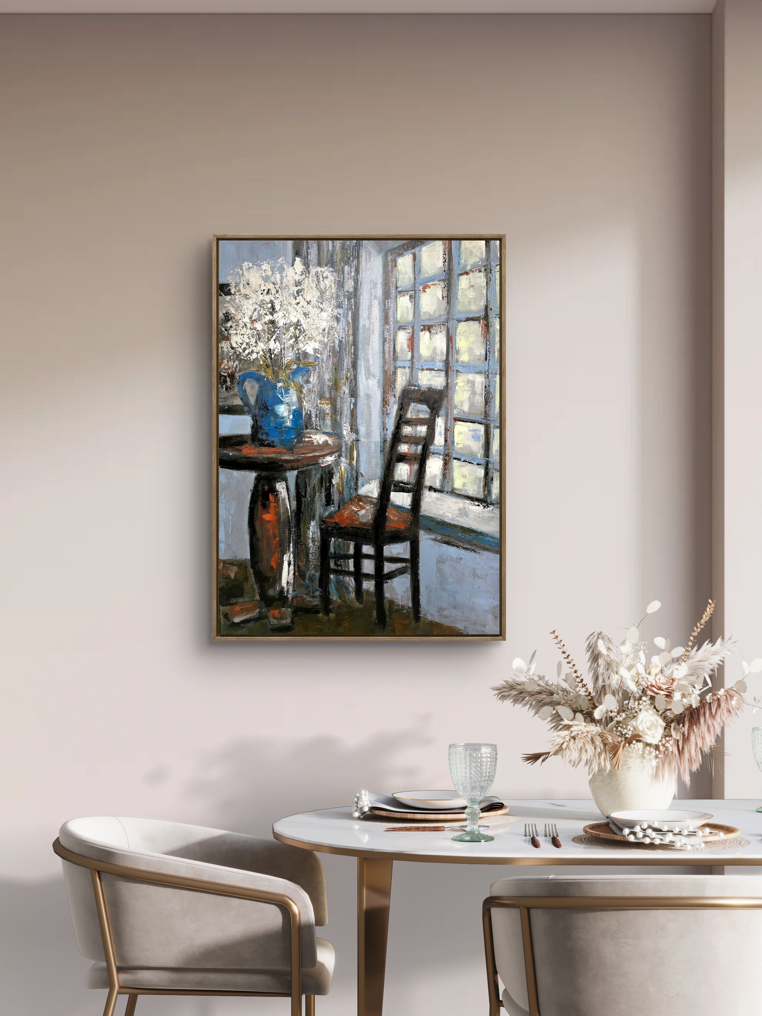 impressionist room table chair flower vase widow blues