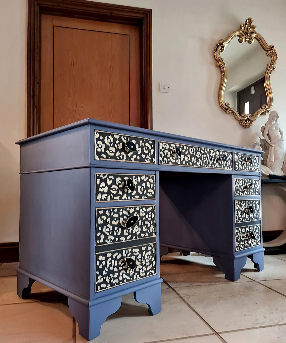 hand painted pedestal desk blue leopard print
