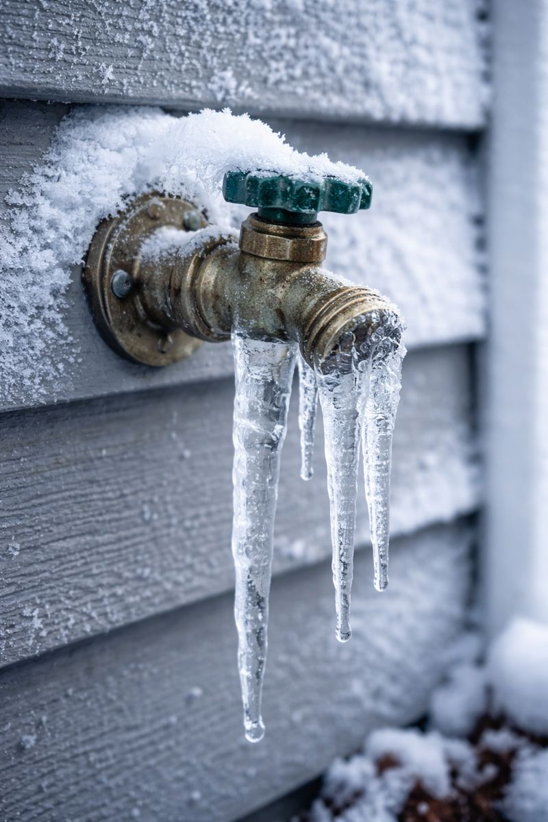 Frozen outdoor hose bib on a Nashville home during extreme winter weather, illustrating a custom home builder’s guide to winter weather preparation.