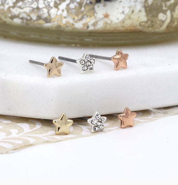 Triple Star Rose Gold, Silver & Crystal Earring Set.