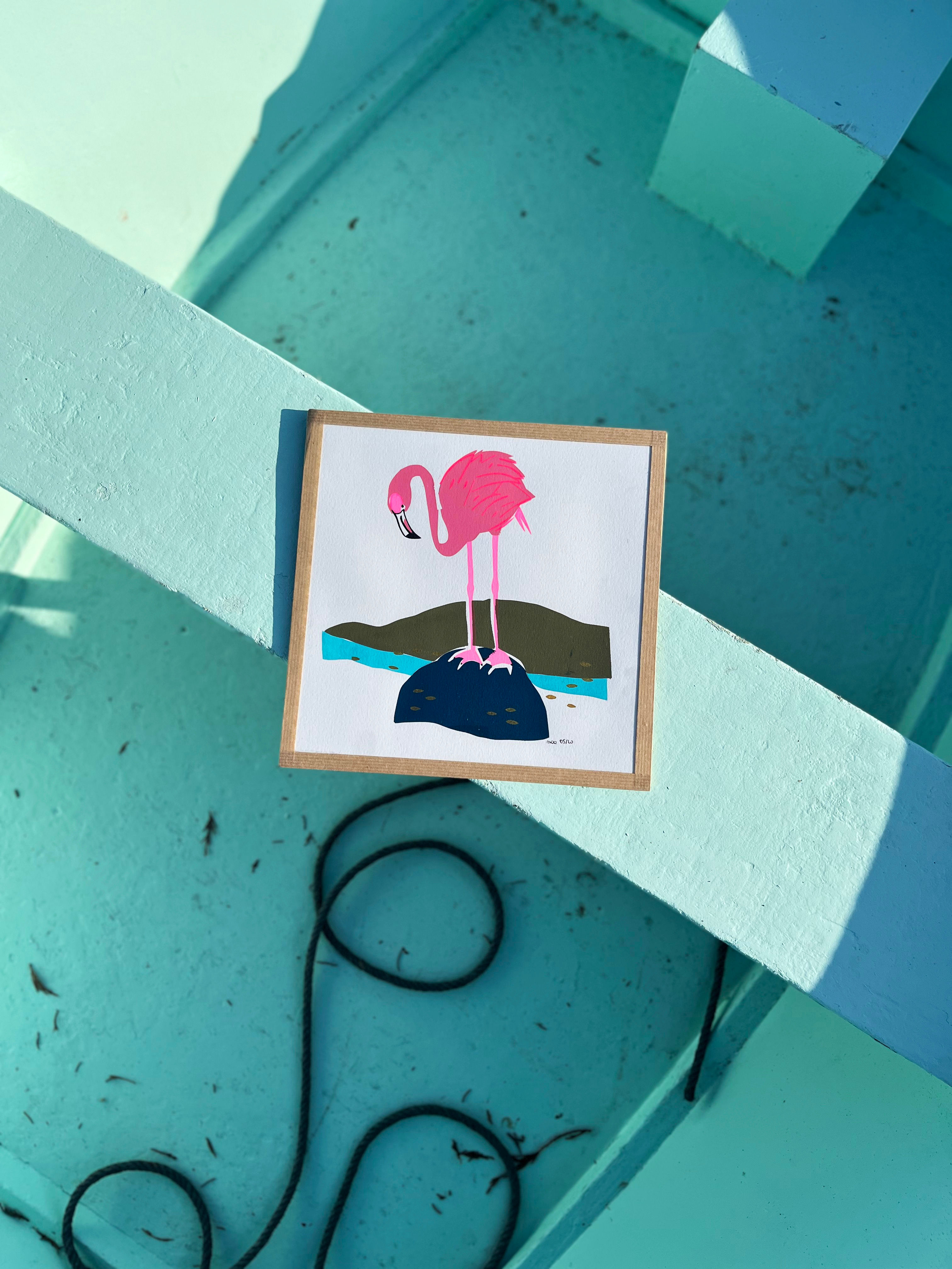 Sérigraphie encadrée flamant rose format 24x30cm ou 27x27cm