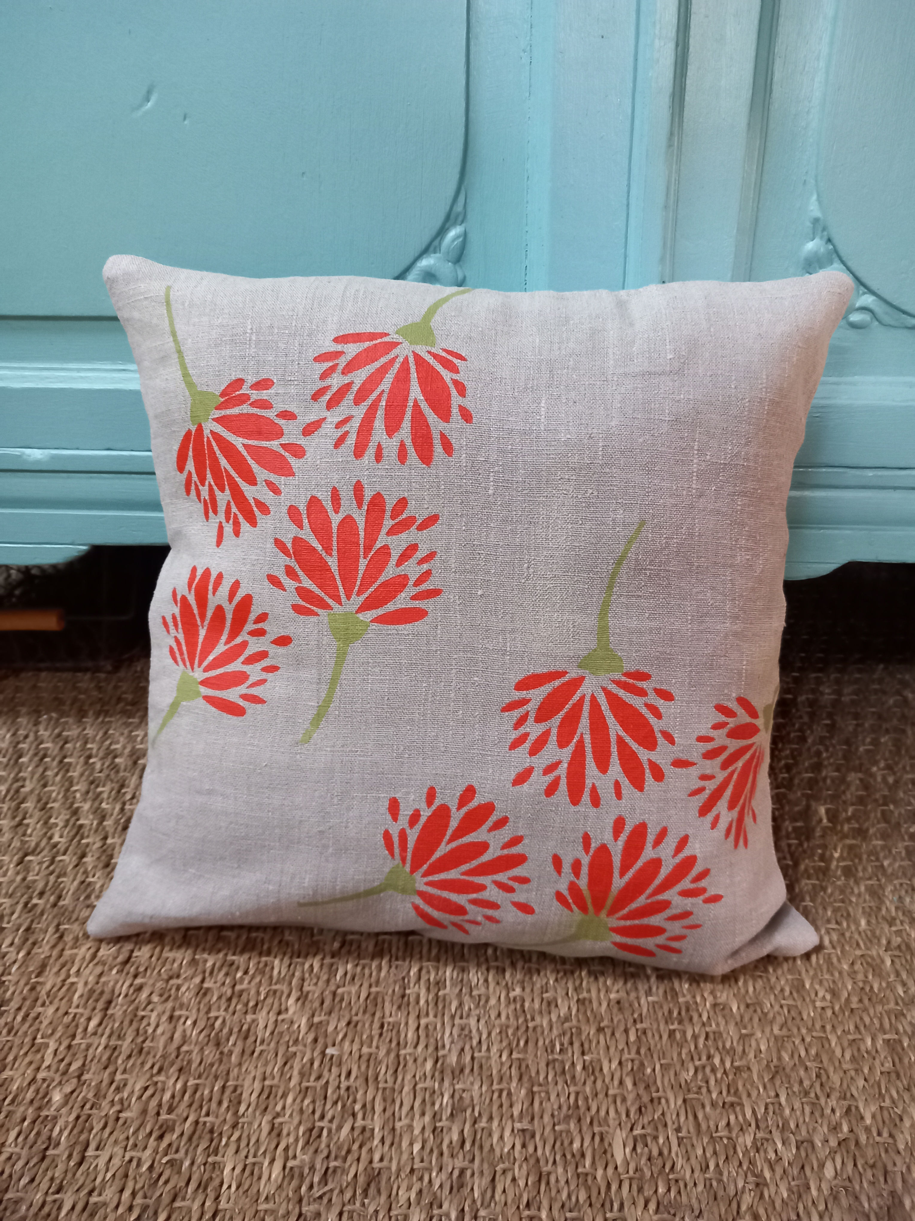 Housse de coussin en lin, sérigraphie fleurs