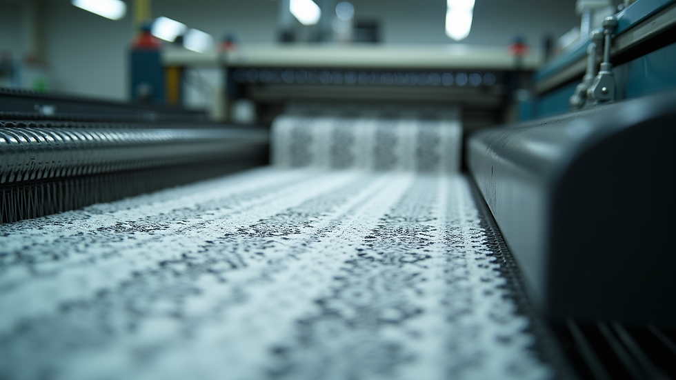 Close-up view of automated lace weaving machine producing intricate patterns