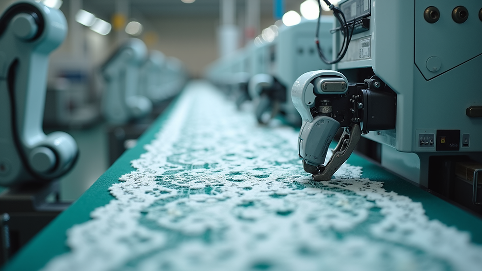 High angle view of automated lace production line with robotic arms handling fabric
