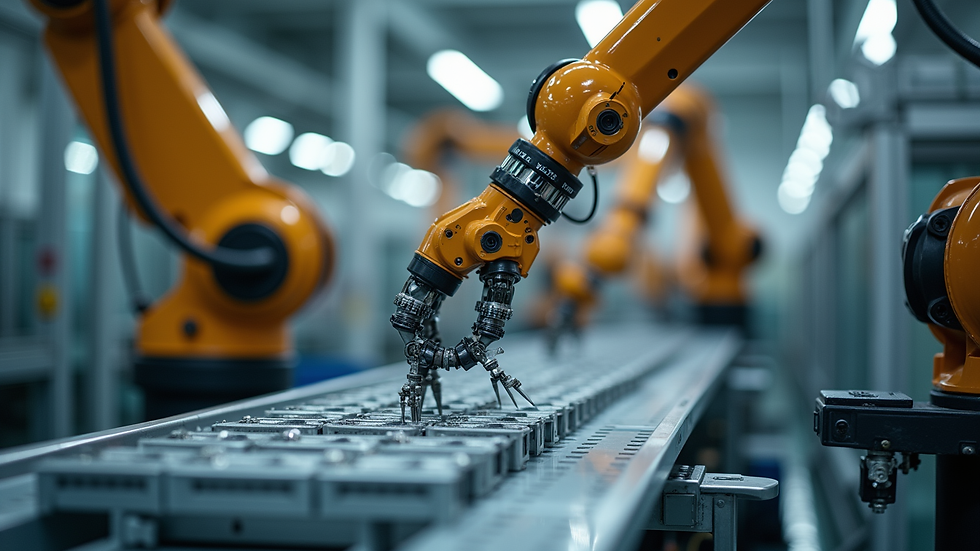 Close-up view of robotic arms assembling components on a factory floor