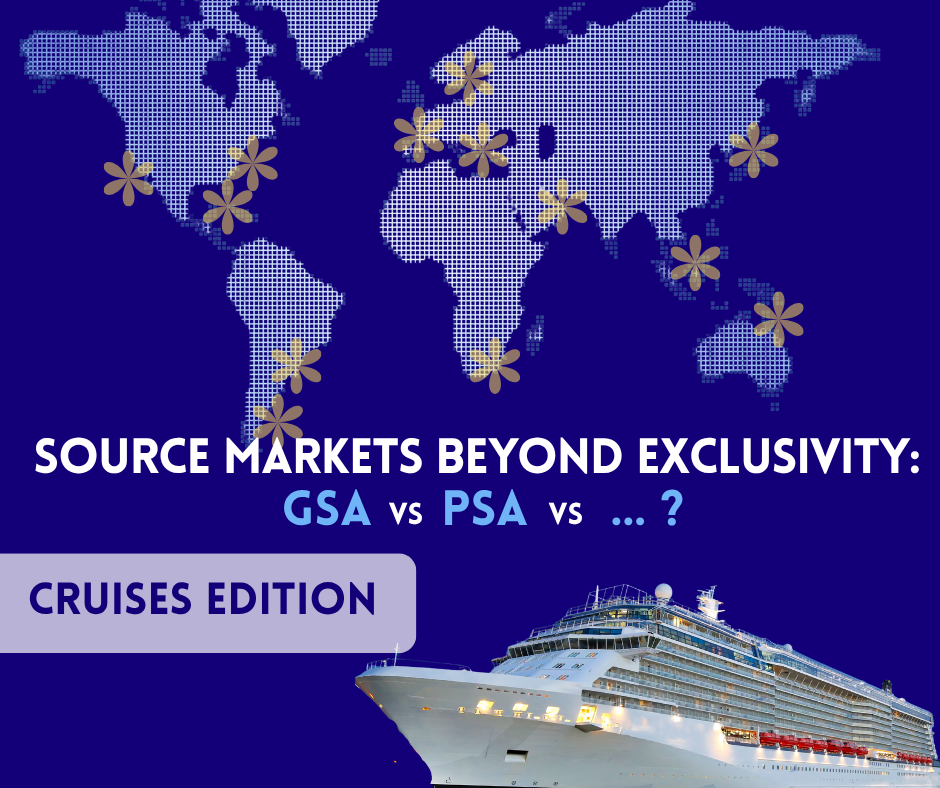 Illustration of a cruise ship sailing under a world map with gold location markers, symbolizing global source markets.
