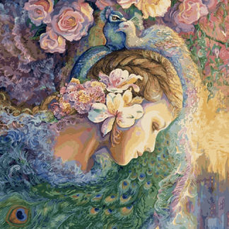 Painting of woman with peacocks and flowers