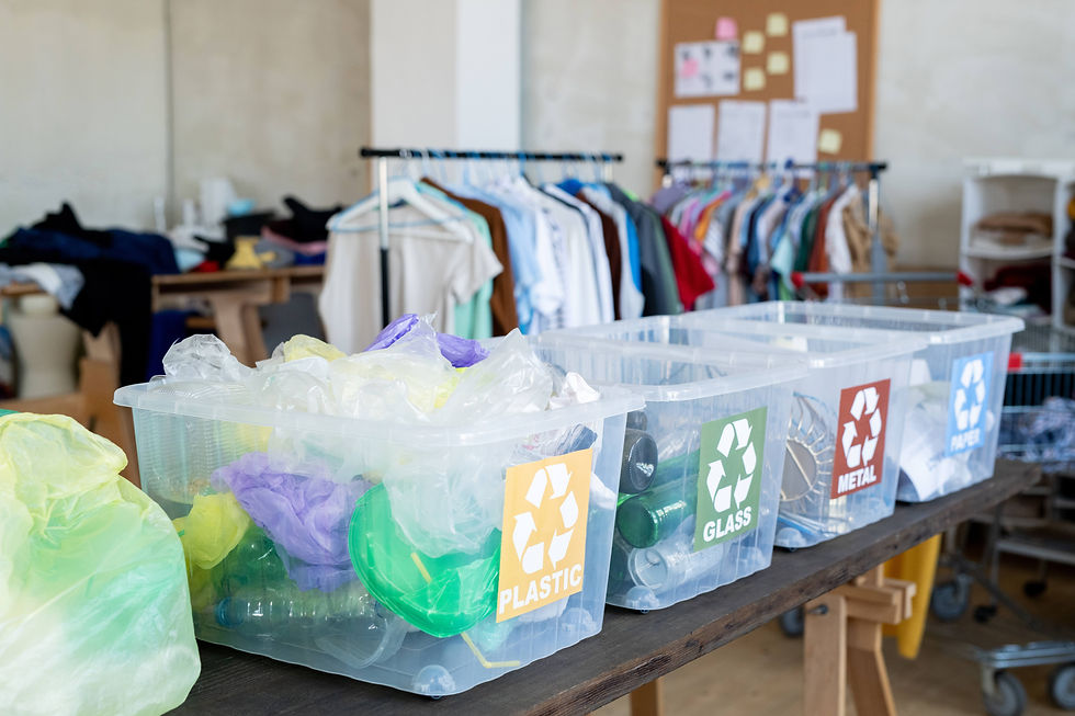 4 contenedores de reciclaje llenos reposan sobre una mesa: uno de plásticos, uno de vidrios, otro de metales y el último de papel. Al fondo se ven racks y mesas con ropa